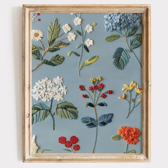 Embroidered Flowers Print Light Blue Botanical Wall Art