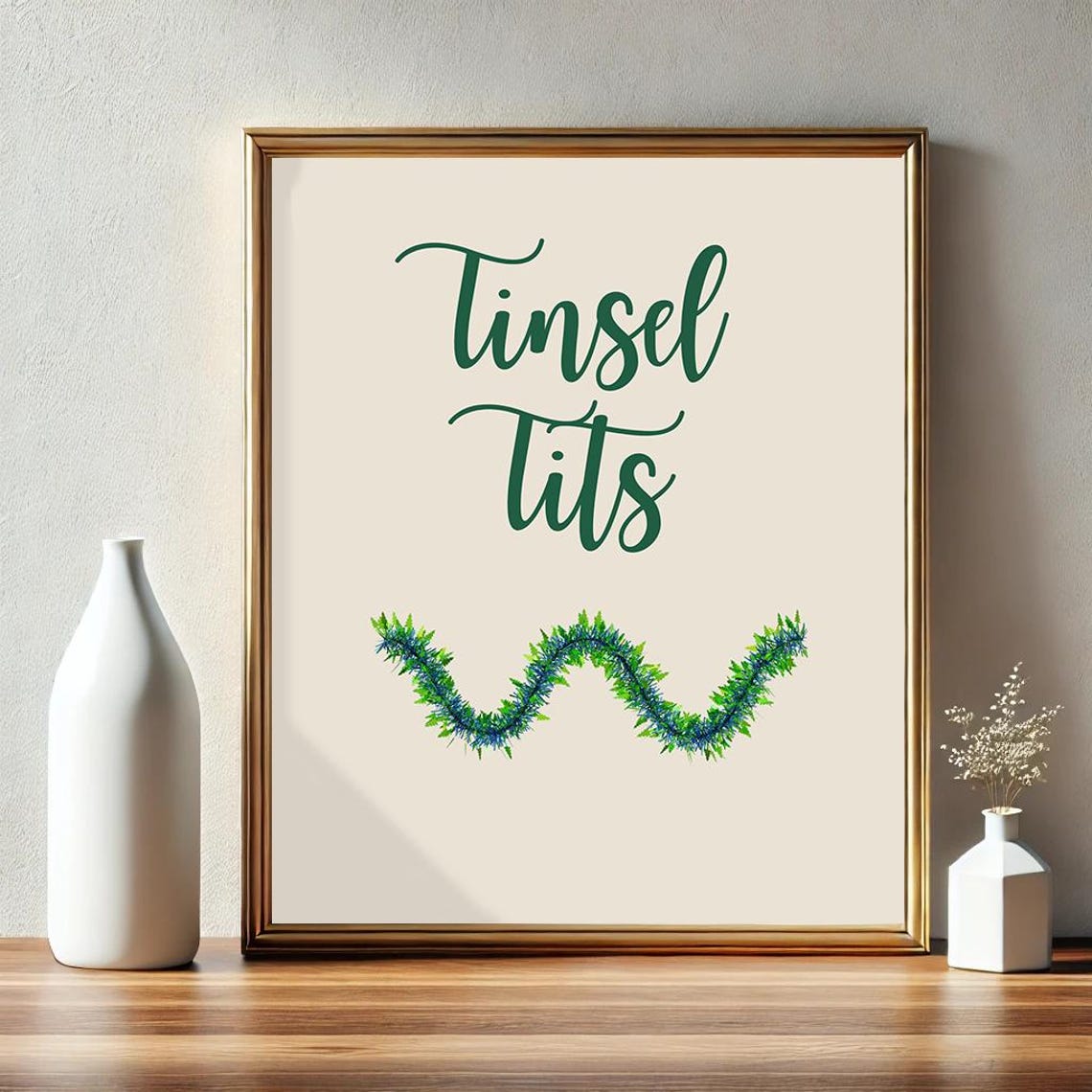 Tinsel Tits Green Script Sarcastic Funny Christmas Holiday Poster