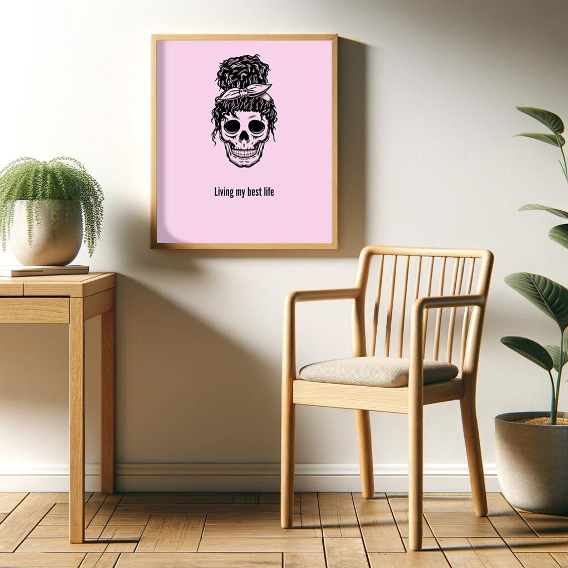 Living My Best Life Skull Messy Bun Pink Gothic Funny Poster - Image 2