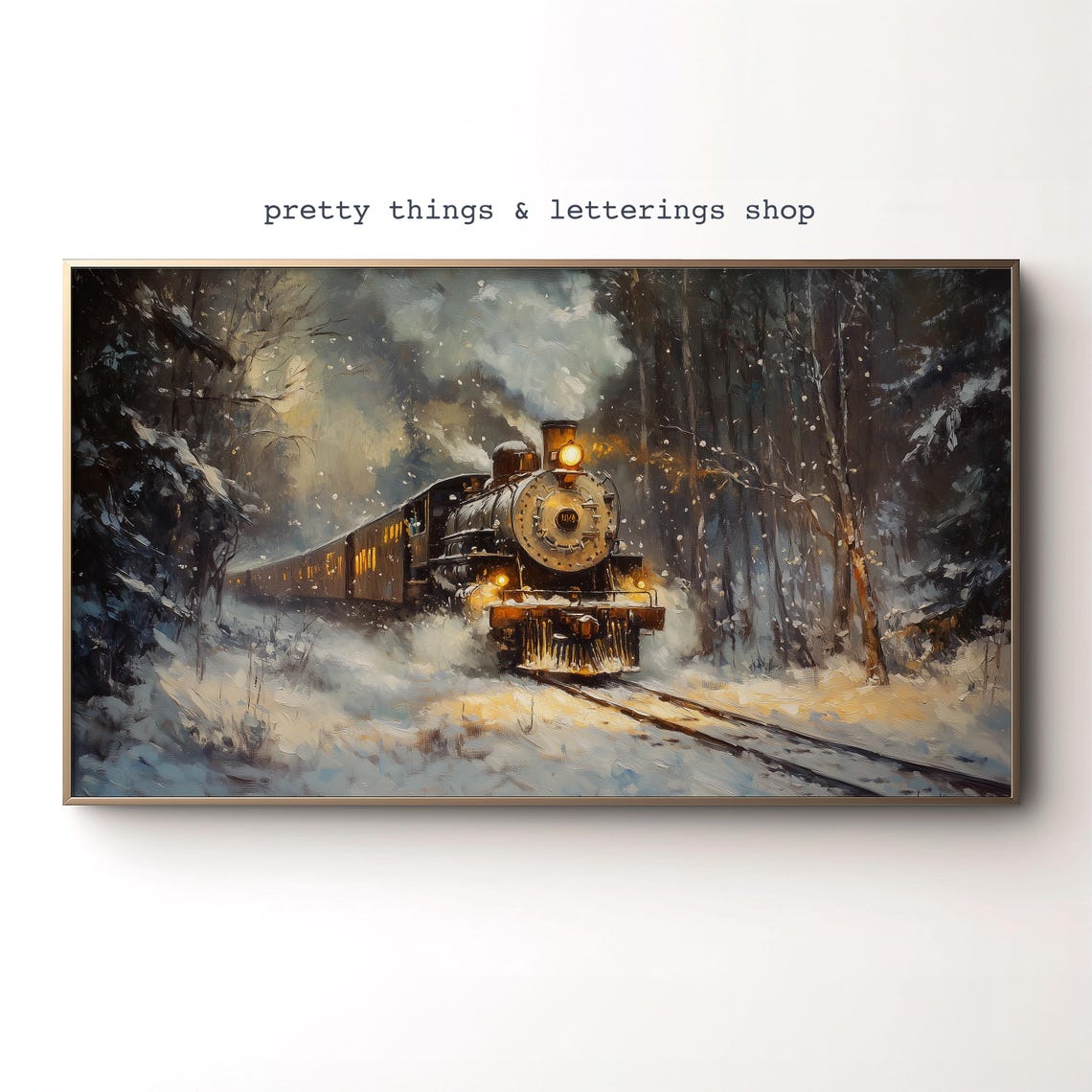 Steam Locomotive Snowy Forest Golden Headlight Winter Train Poster