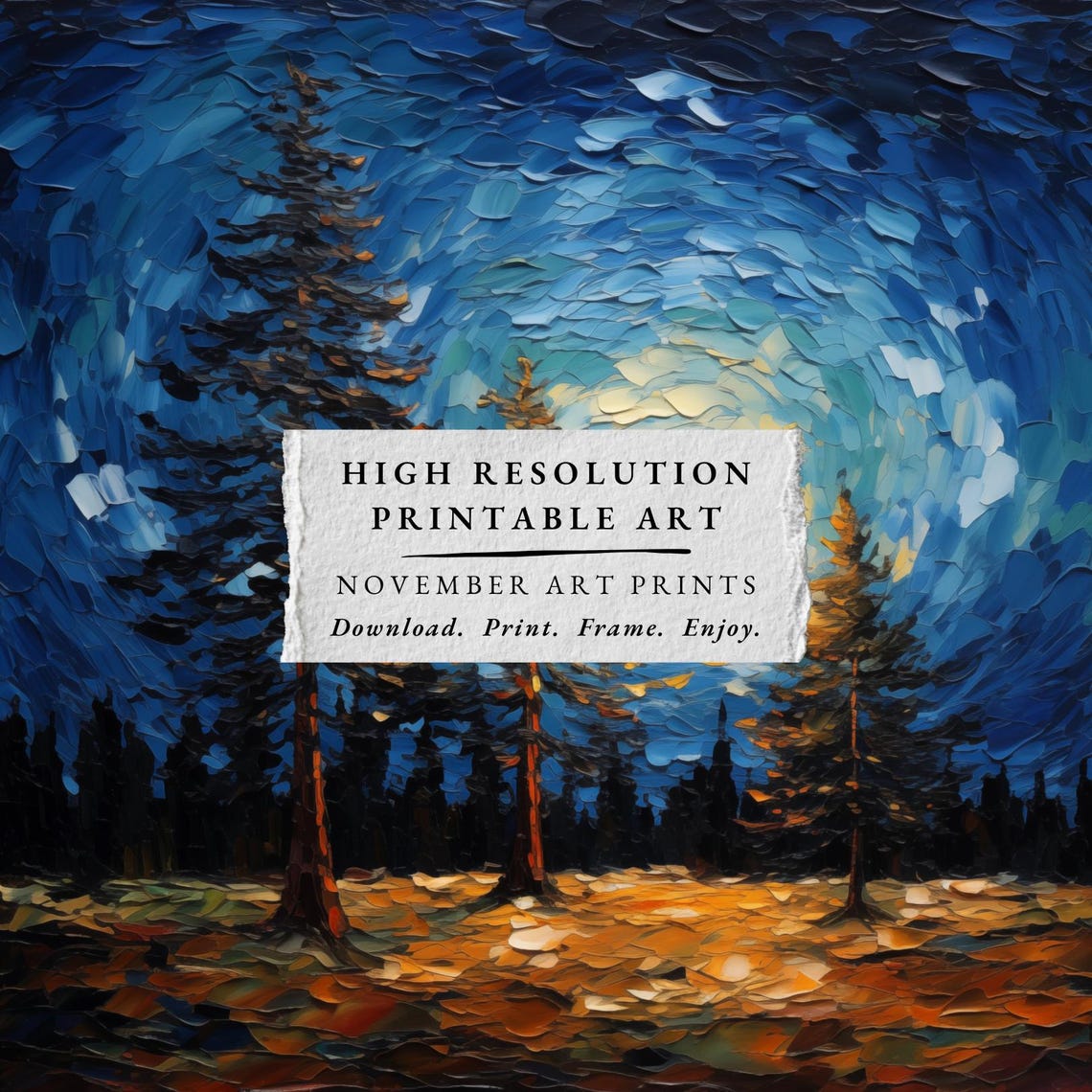 Forest Night Print Square Night Sky Oil Painting Full Moon Pine Tree Wall Art Moonlit Sky Rustic Cabin Decor Mountain Home Artwork - Image 4
