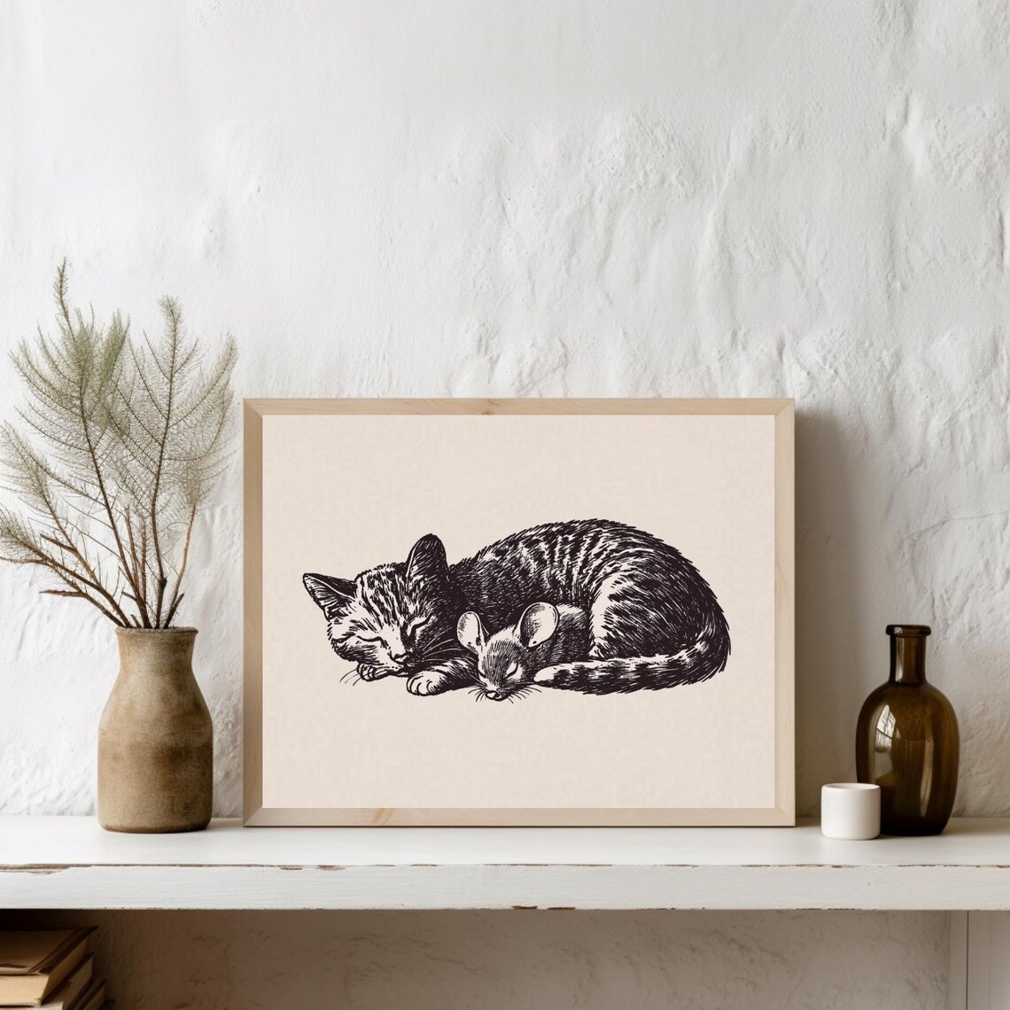 Sleeping Cat And Mouse Antique Ink Sketch Minimalist Bedroom Poster - Image 2