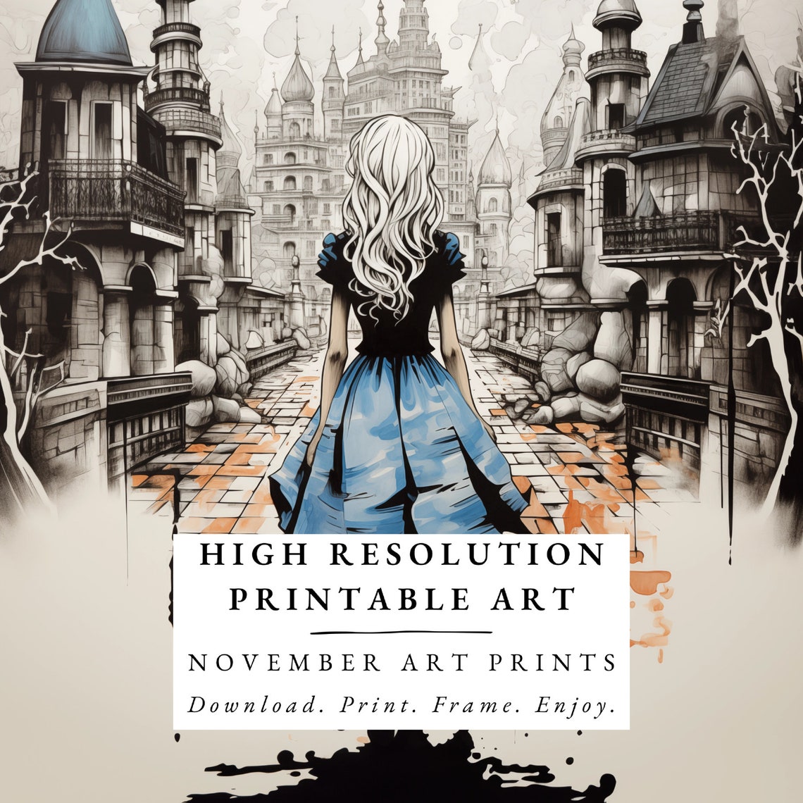 Alice Medieval Wonderland Print Dark City Girl Wall Art Gothic Watercolor Ink Painting New Home Gift Fantasy Poster Cityscape - Image 6