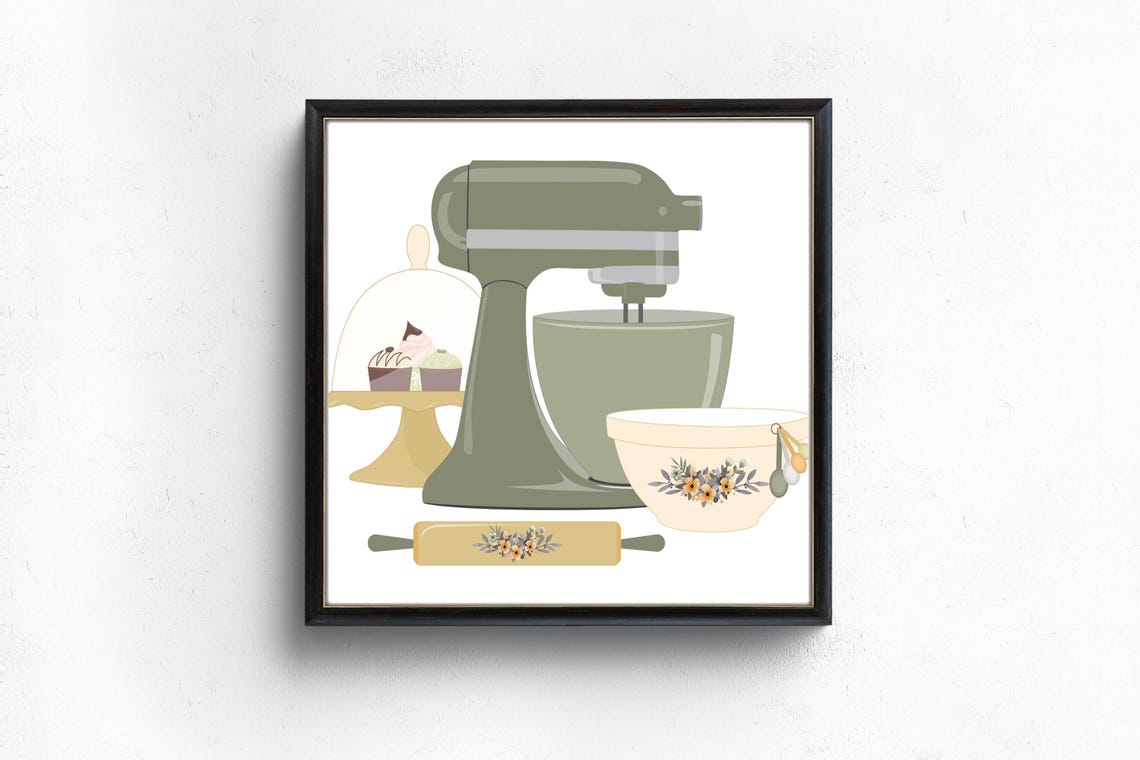 Sage Green Stand Mixer Baking Kitchen Illustration Floral Bowl Poster - Image 3