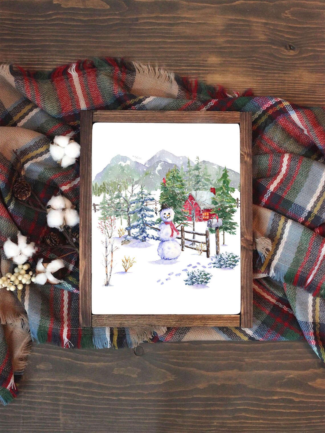 Winter Woodland Snowman Mountain Cabin Cardinal Watercolor Poster - Image 3