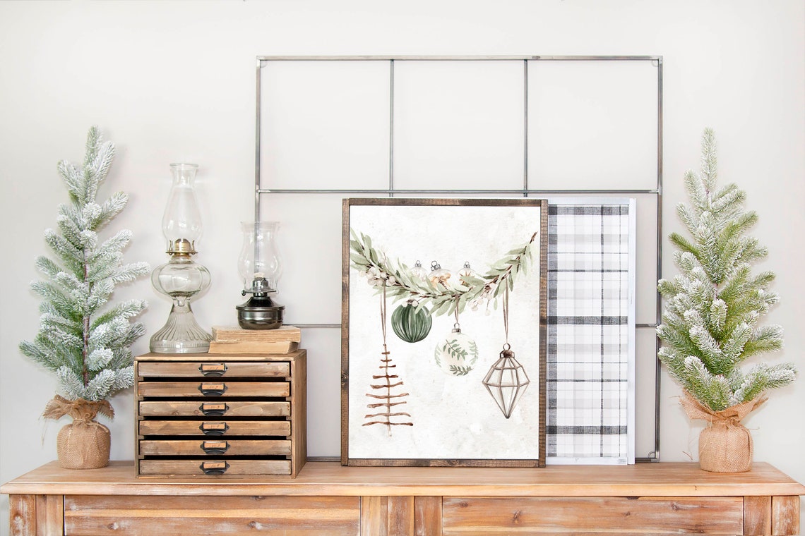 Watercolor Rustic Christmas Ornaments Greenery Branch Square Wall Art - Image 2