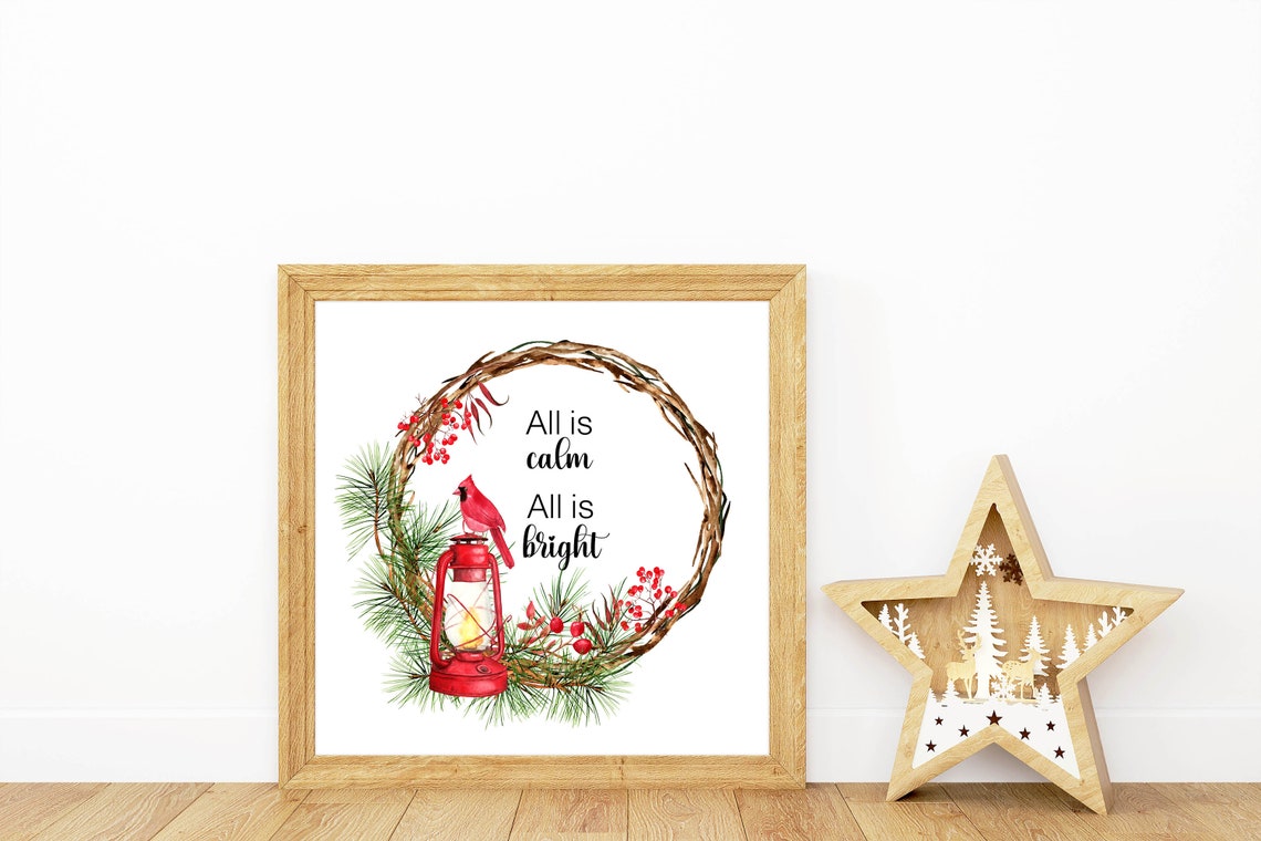 All Is Calm All Is Bright Cardinal Lantern Square Christmas Wall Art - Image 2
