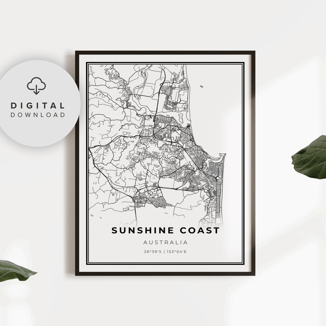 Sunshine Coast Australia Street Map Minimalist Black White Art Poster