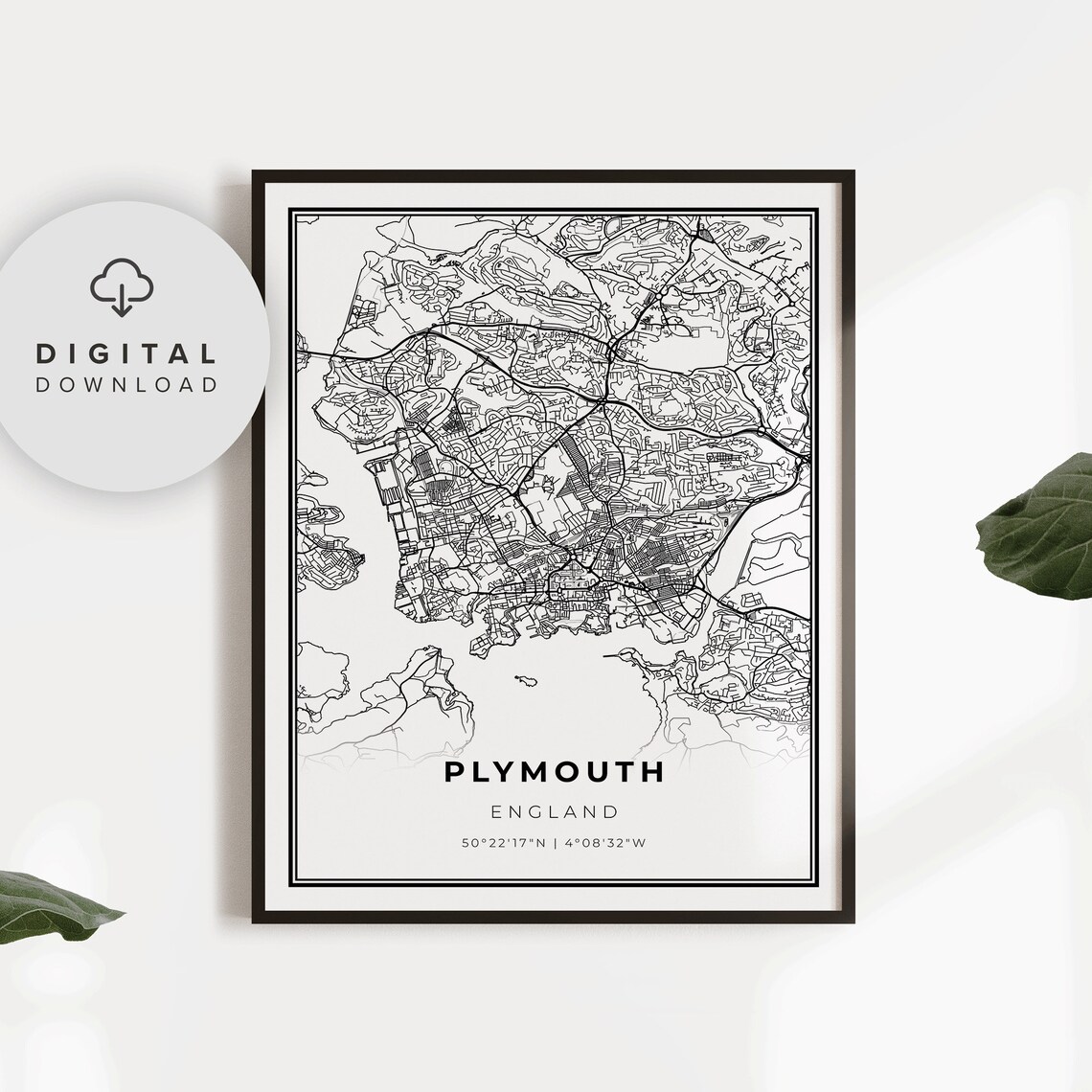 Plymouth England Detailed Street Map Minimalist Line Art Print