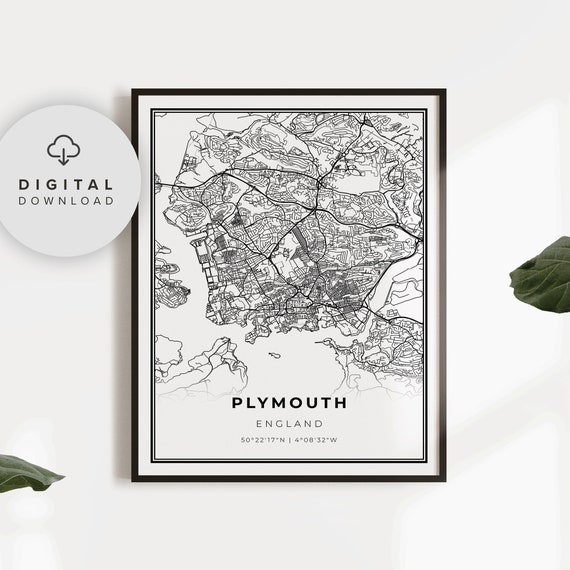 Plymouth Map Print England Uk United Kingdom Art Poster Devon City Street Road Gift For Fiance Np412