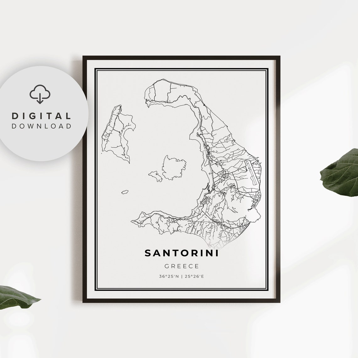 Santorini Map Print Greece Art Poster Thera Thira City Street Road Artwork Np604