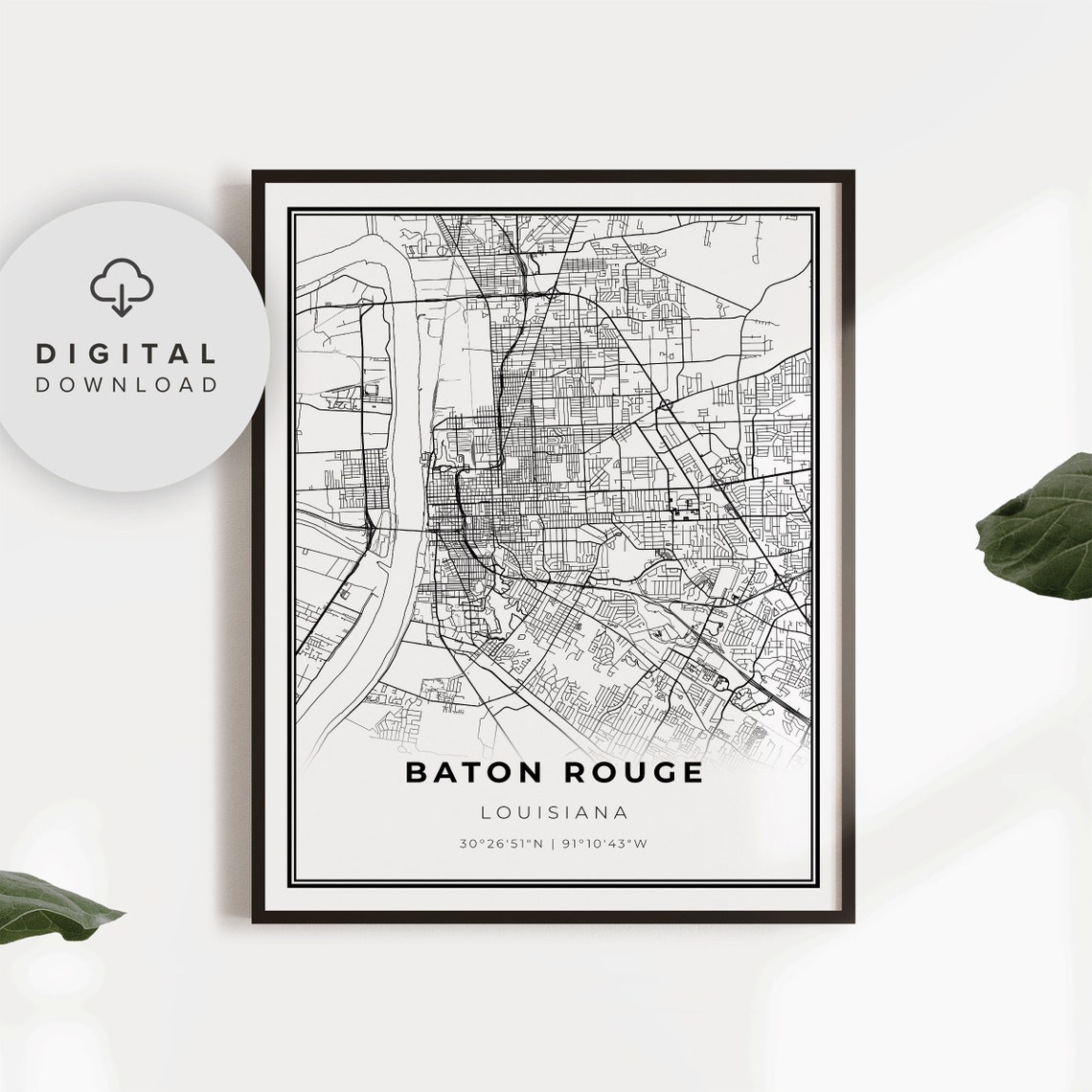 Baton Rouge Louisiana Minimalist Black White Street Map Poster