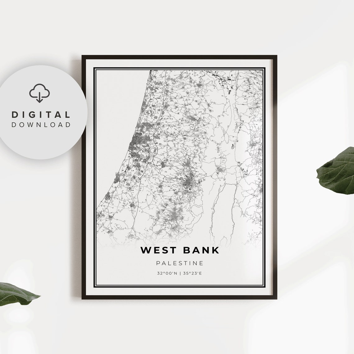 West Bank Palestine Minimalist Black White Line Street Map Poster