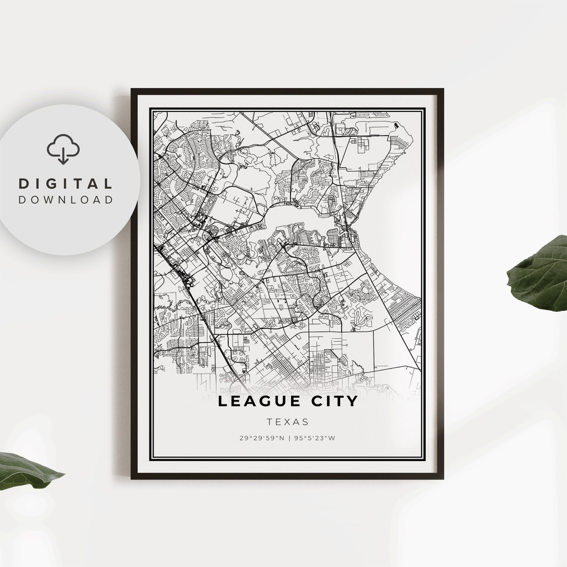League City Texas Minimalist Black White Line Street Map Poster
