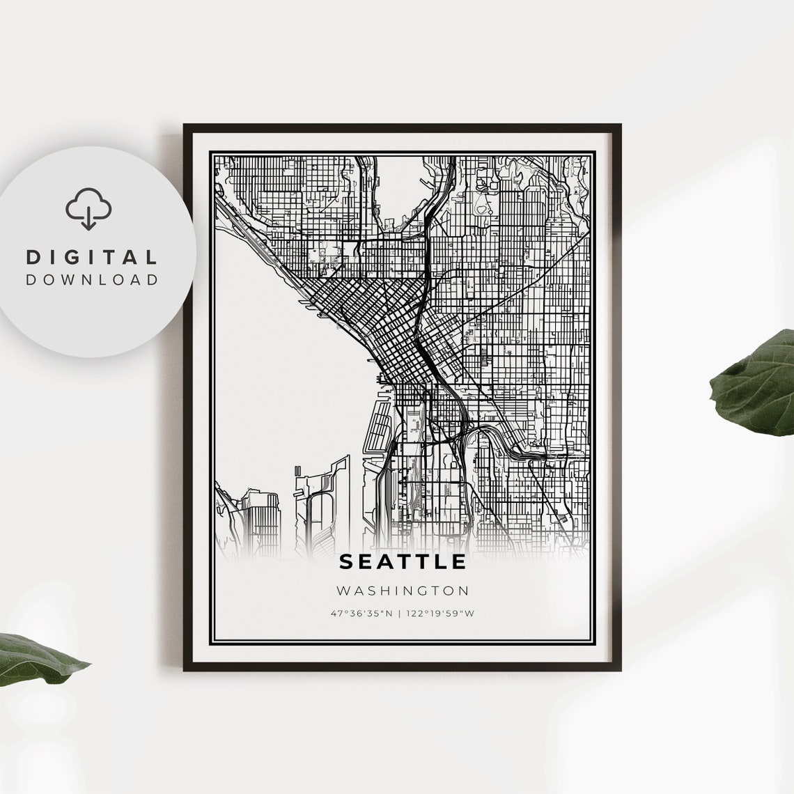 Seattle Washington Downtown Street Map Minimalist Art Poster