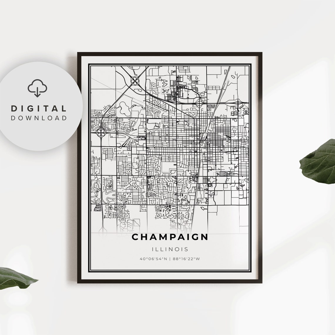 Champaign Illinois Black and White Minimalist City Map Poster