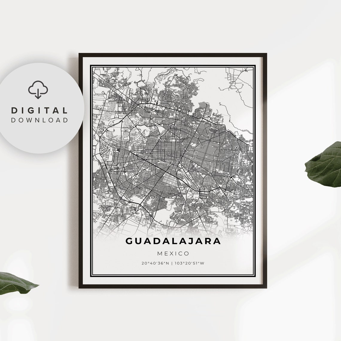Guadalajara Mexico City Street Map Minimalist Black Line Art Poster