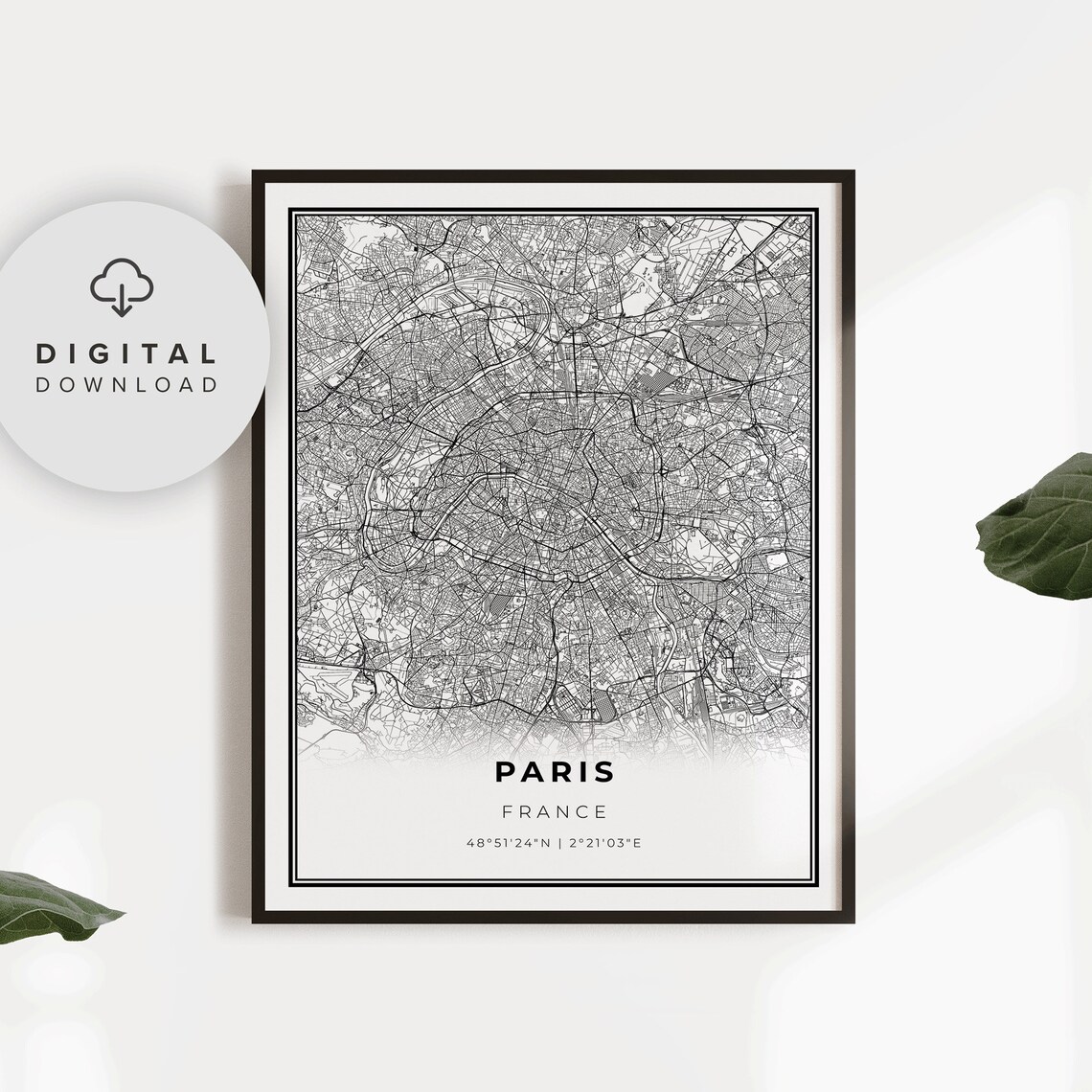Paris France Minimalist City Street Map Black White Art Poster