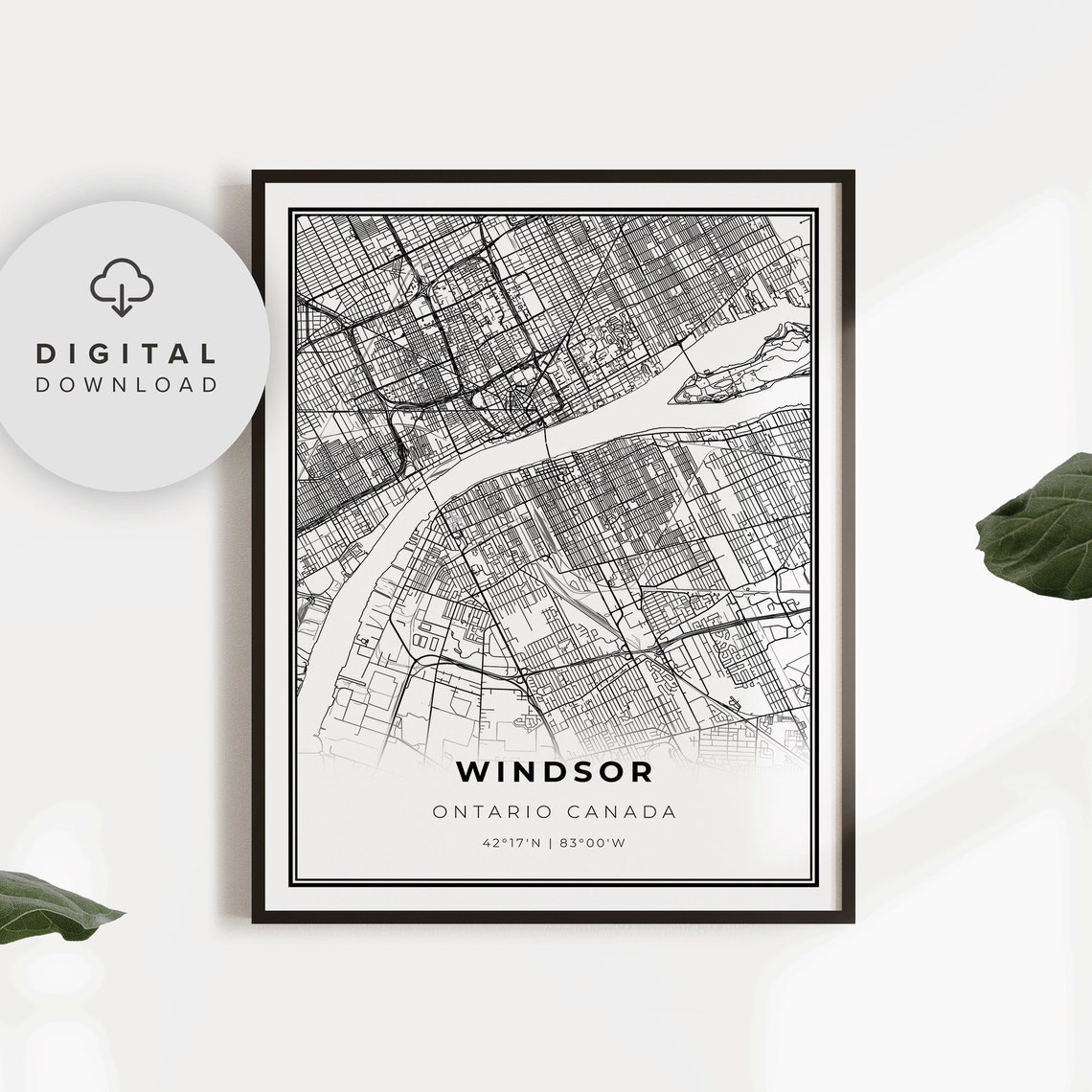 Windsor Ontario Canada Minimalist Black White Street Map Poster