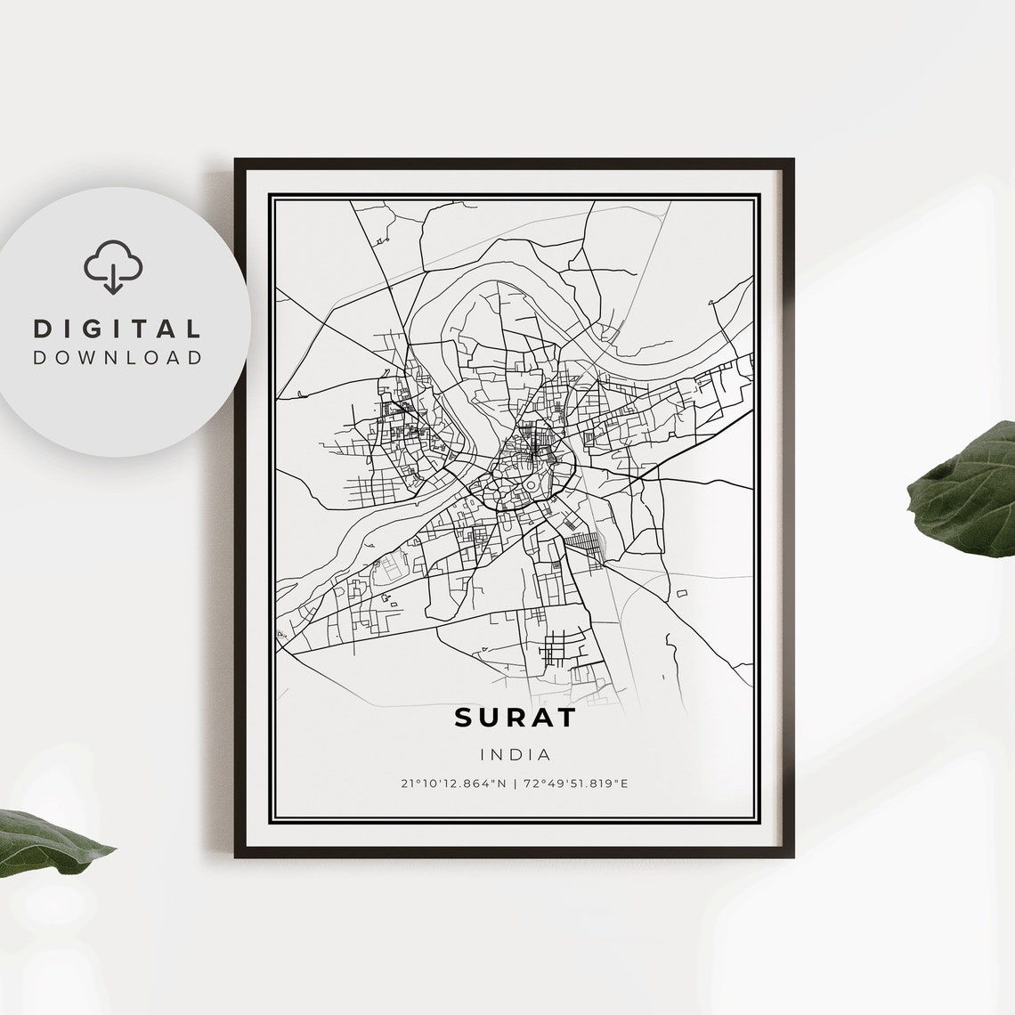 Surat India Minimalist Black Line City Street Map Art Poster