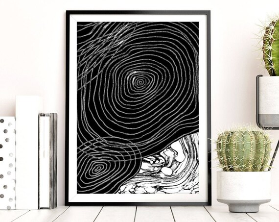 Black and White Abstract Swirl Lines Minimalist Modern Art Poster