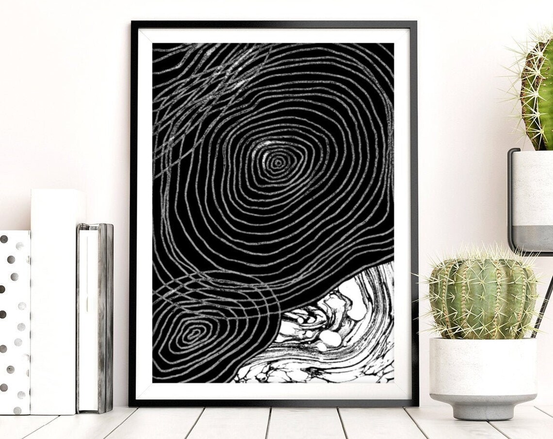 Mid Century Modern Geometric Wall Art Scandinavian Print Minimalist Black And White Tree Ring Abstract
