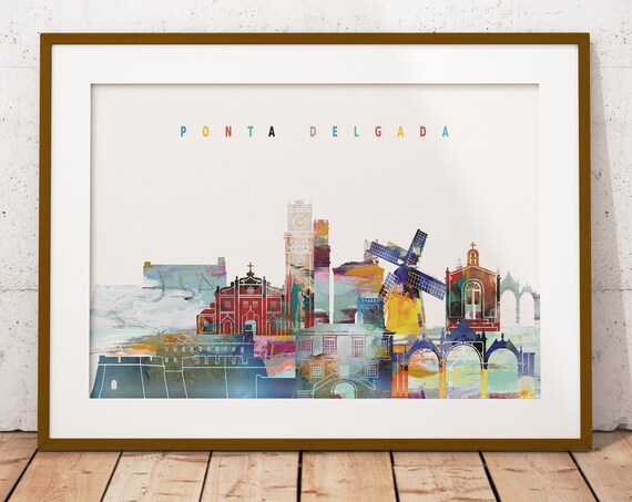 Ponta Delgada Azores Windmill Watercolor Skyline Art Modern Home Decor Poster