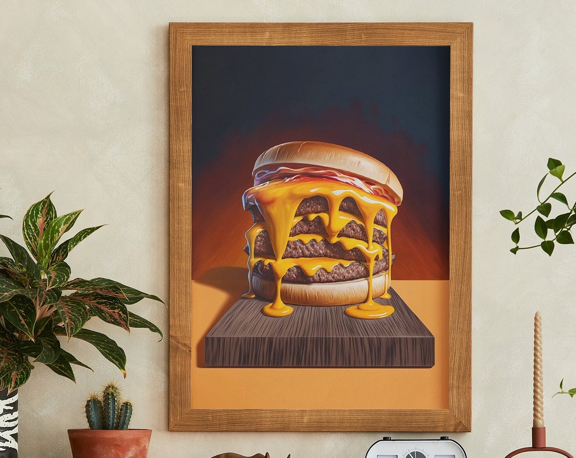 Melting Cheese Double Bacon Cheeseburger Realistic Kitchen Poster