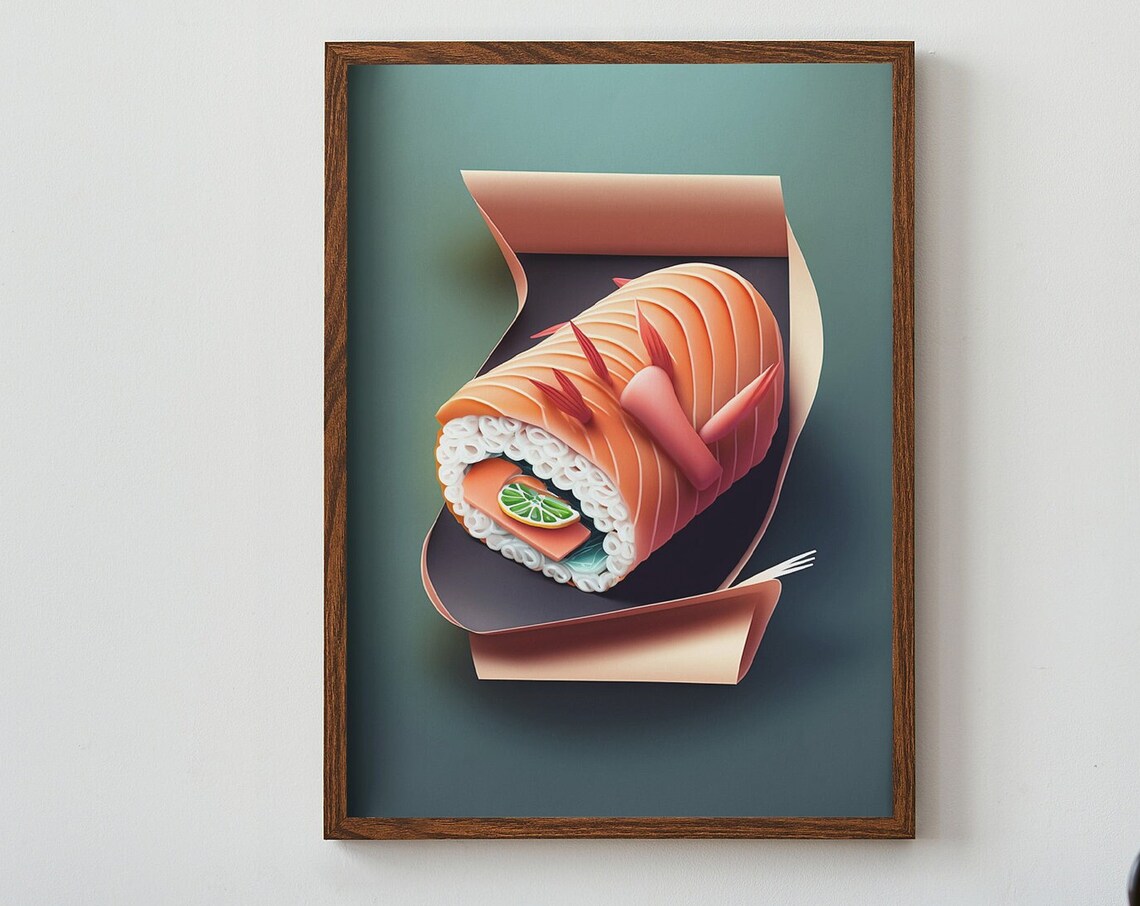 Salmon Temaki Hand Roll Paper Cut Sushi Art Teal Background Poster