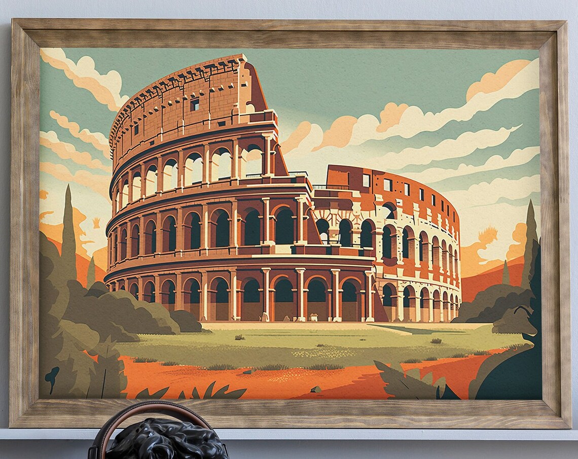 The Colosseum Rome Italy Glowing Ancient Landmark Travel Poster