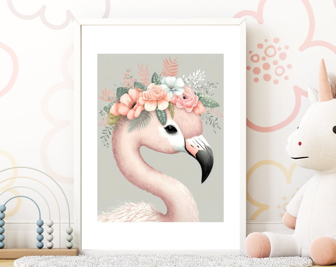 Pink Flamingo Girls Room Wall Art Animal Nursery Print Floral Crown Animal Flamingo Nursery Decor Baby Gift