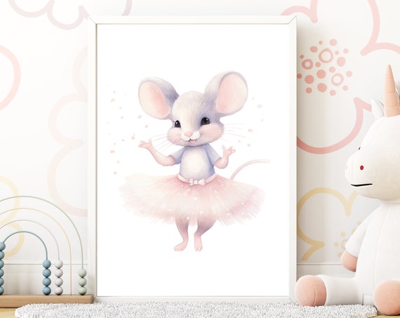 Ballerina Mouse Nursery Wall Art Sweet Ballet Dancer Tutu Pink Girls Room Wall Decor Girl Baby Shower Gift