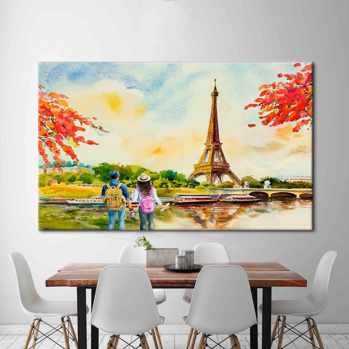 Eiffel Tower Autumn Watercolor Romantic Couple Travel Paris Poster