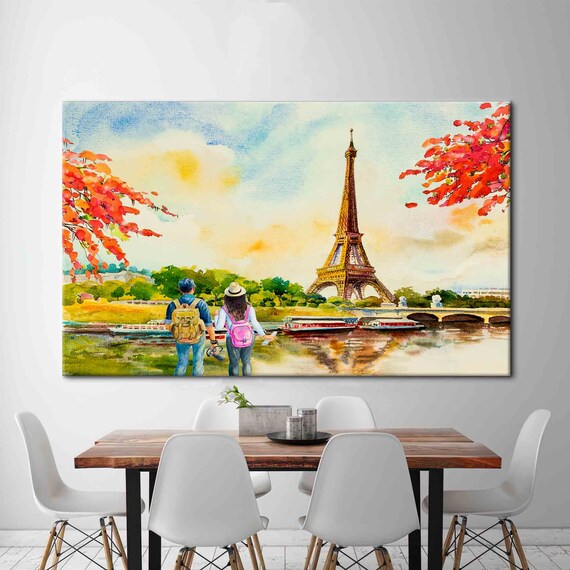 Eiffel Tower Autumn Watercolor Romantic Couple Travel Paris Poster