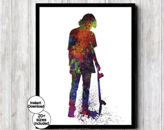 Skateboarder Standing With A Skateboard Mens Skateboarding Art Teen Room Street Sport Decor Watercolor Paint Splatter Boys Room Poster
