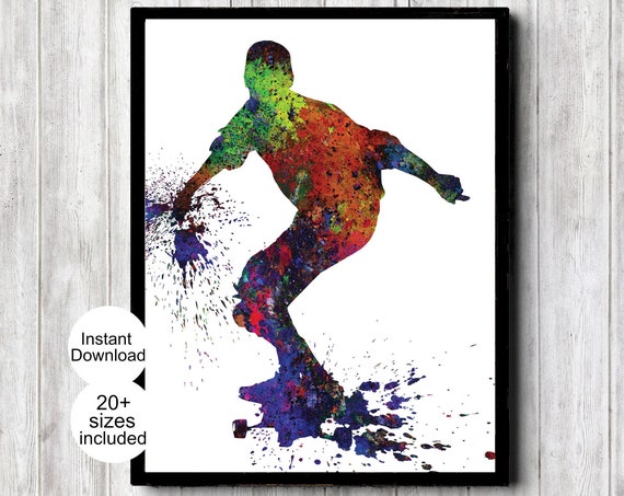 Skateboard Teen Room Decor Watercolor Print Boy Skateboarder Standing Up Skateboard Poster With Paint Splatter Street Sport Wall Art