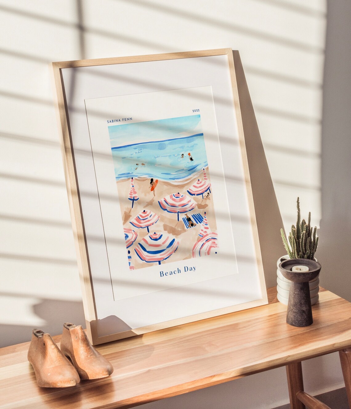 Striped Beach Umbrellas Surfer Summer Coastal Watercolor Travel Poster - Image 2