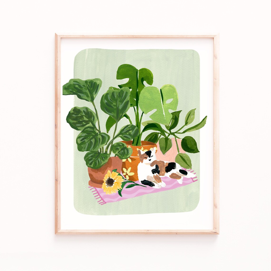 Calico Cat With Plants And Flowers Art Print
