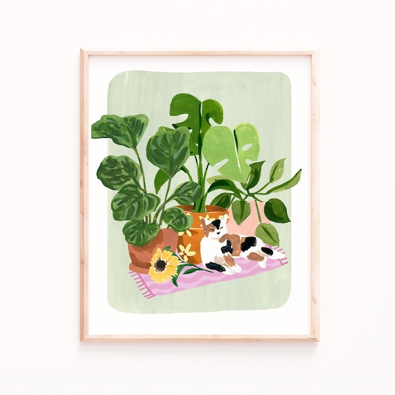 Calico Cat With Plants And Flowers Art Print