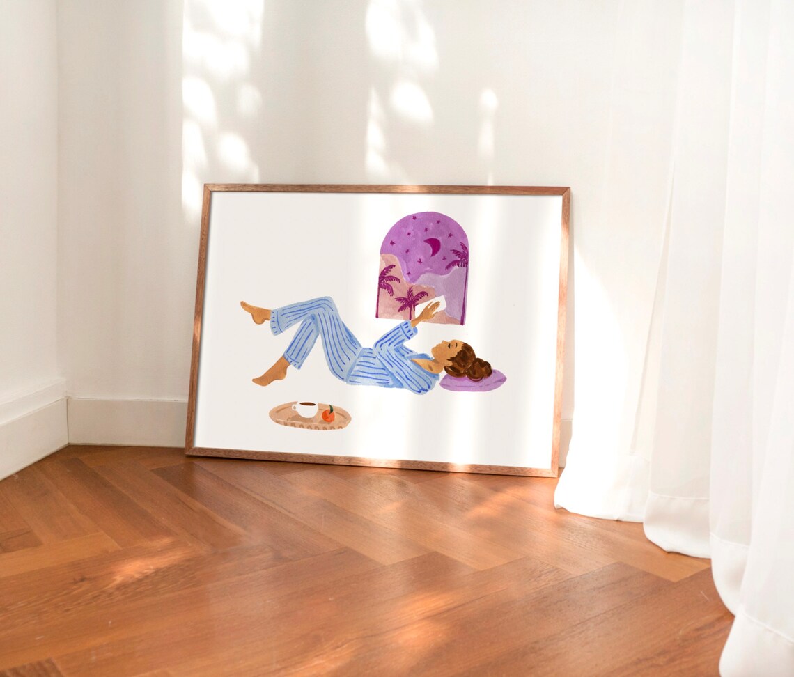 Lounging Woman in Pyjamas, Bedroom Art Print - Image 3