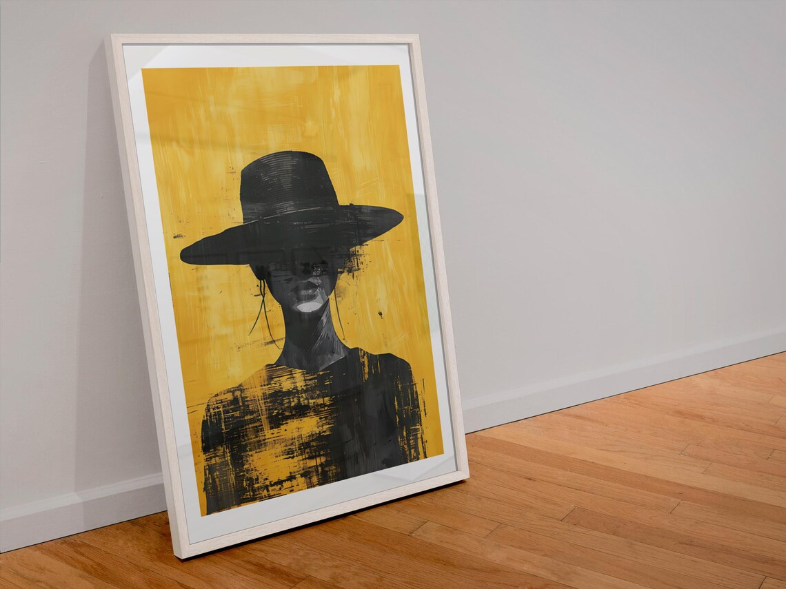 Abstract Black And Yellow Woman In Hat Modern Decor Art Poster