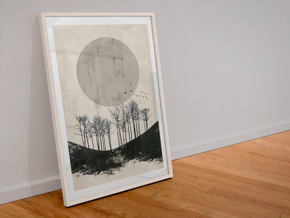 Minimalist Sun And Trees Wall Art Print Monochromatic Nature Decor Abstract Modern Landscape Art Serene Home Decor