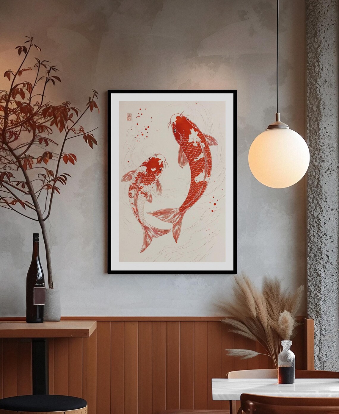 Two Red Koi Fish Yin Yang Traditional Japanese Ink Art Poster