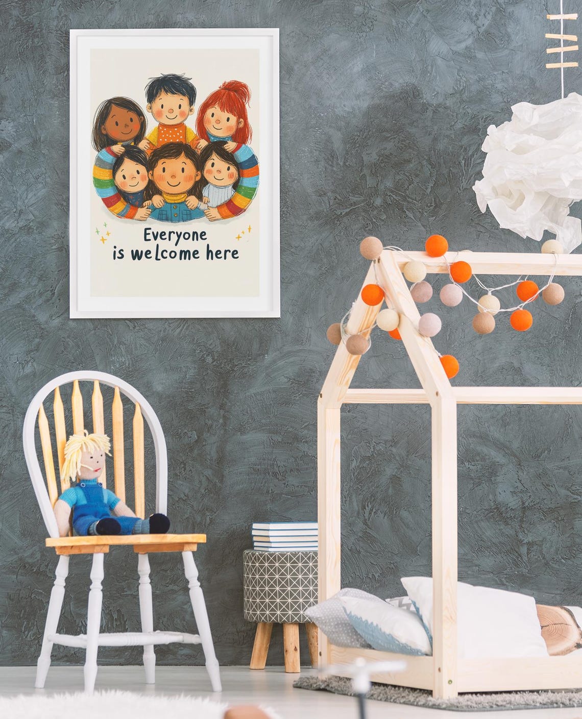 Everyone Is Welcome Here Diverse Kids Group Hug Nursery Poster - Image 2