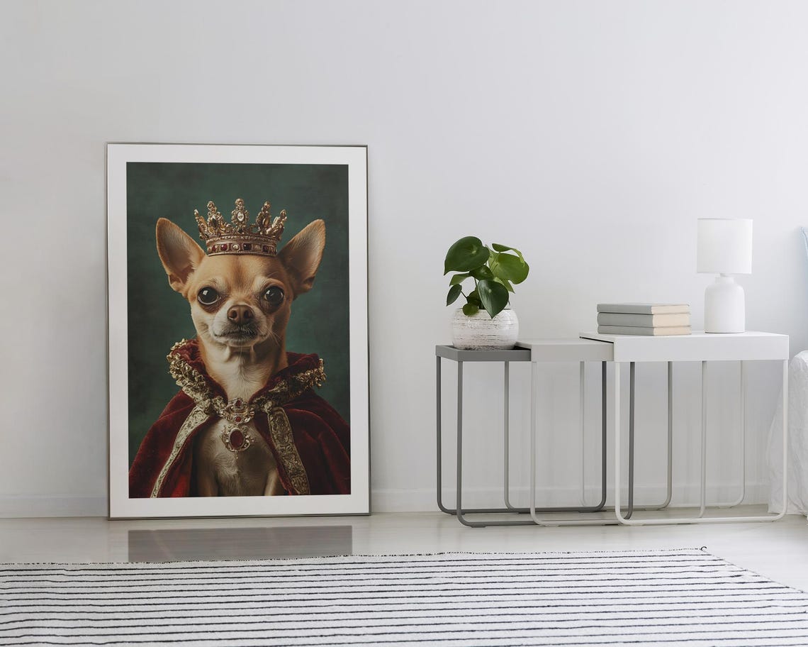 Crowned Chihuahua in Royal Velvet Robe Regal Pet Portrait Poster - Image 2