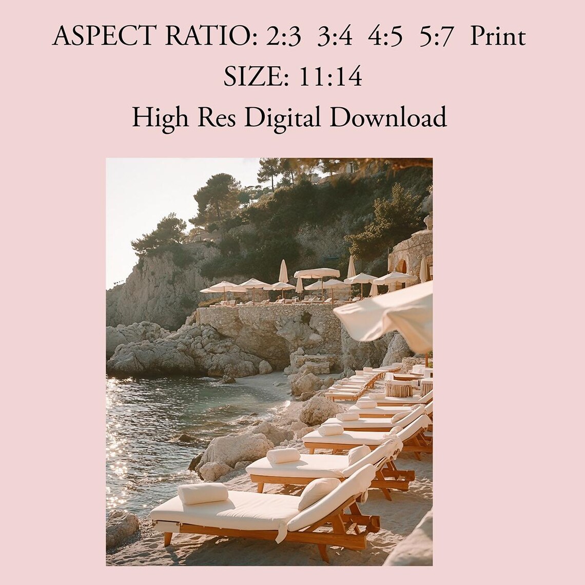 Golden Beach Sun Loungers Umbrellas Rocky Shore Summer Poster - Image 3