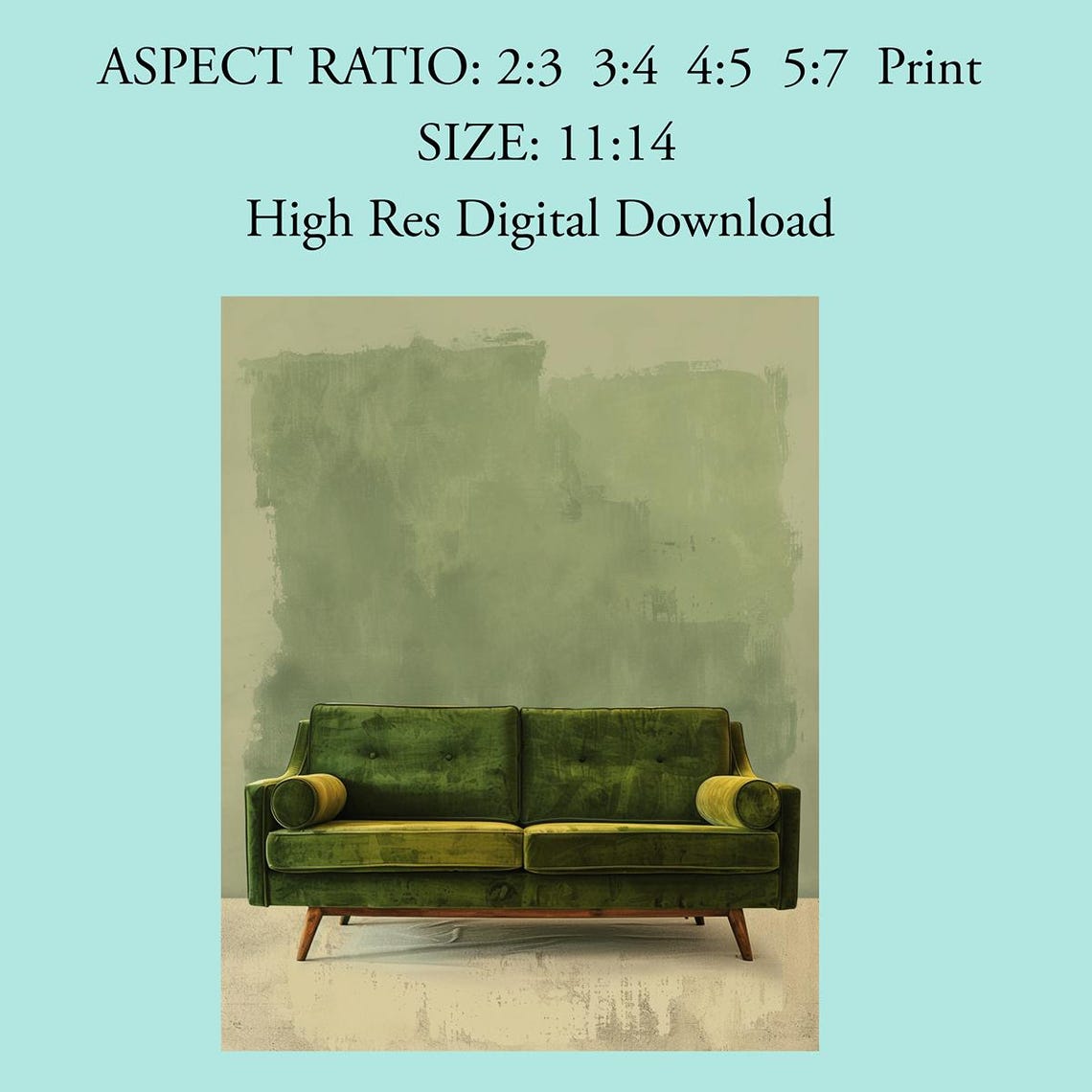Mid Century Green Velvet Sofa Minimalist Modern Home Decor Poster - Image 4