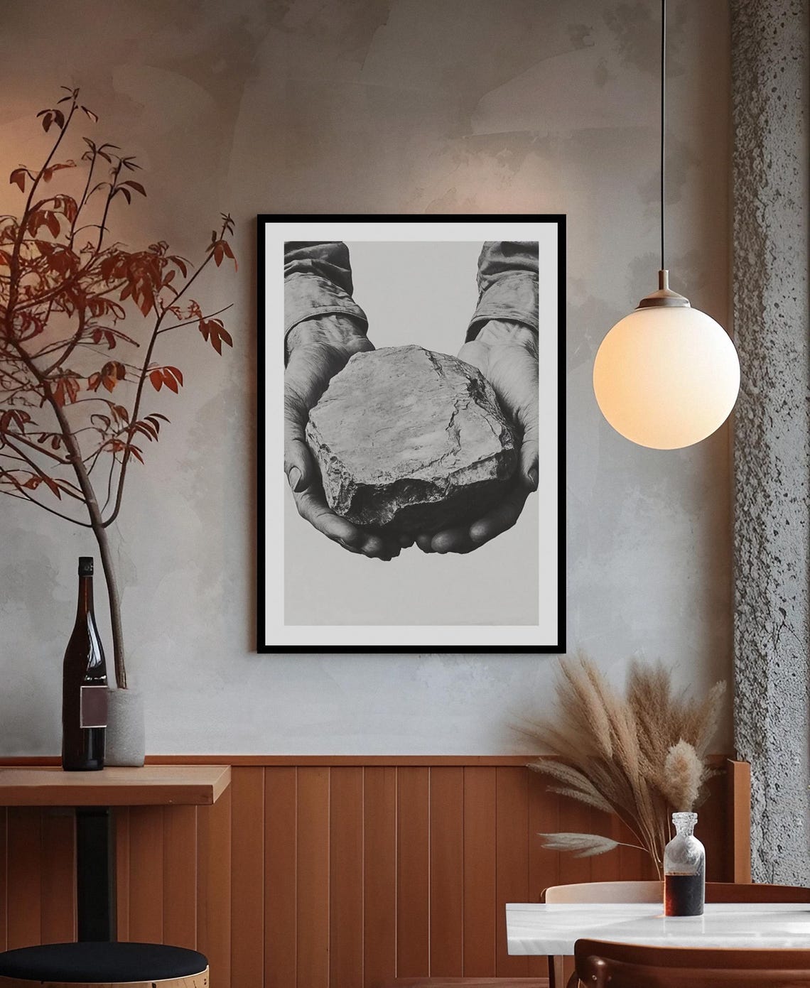 Weathered Hands Holding Rough Stone Hyperrealistic Charcoal Poster - Image 2