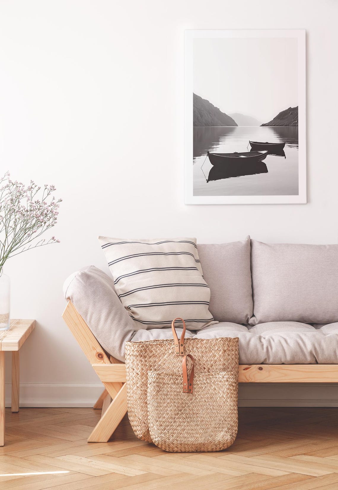 Black And White Lake Wall Art Print Boats On Water Poster Minimalist Nature Decor Serene Landscape Art Mountain View - Image 3