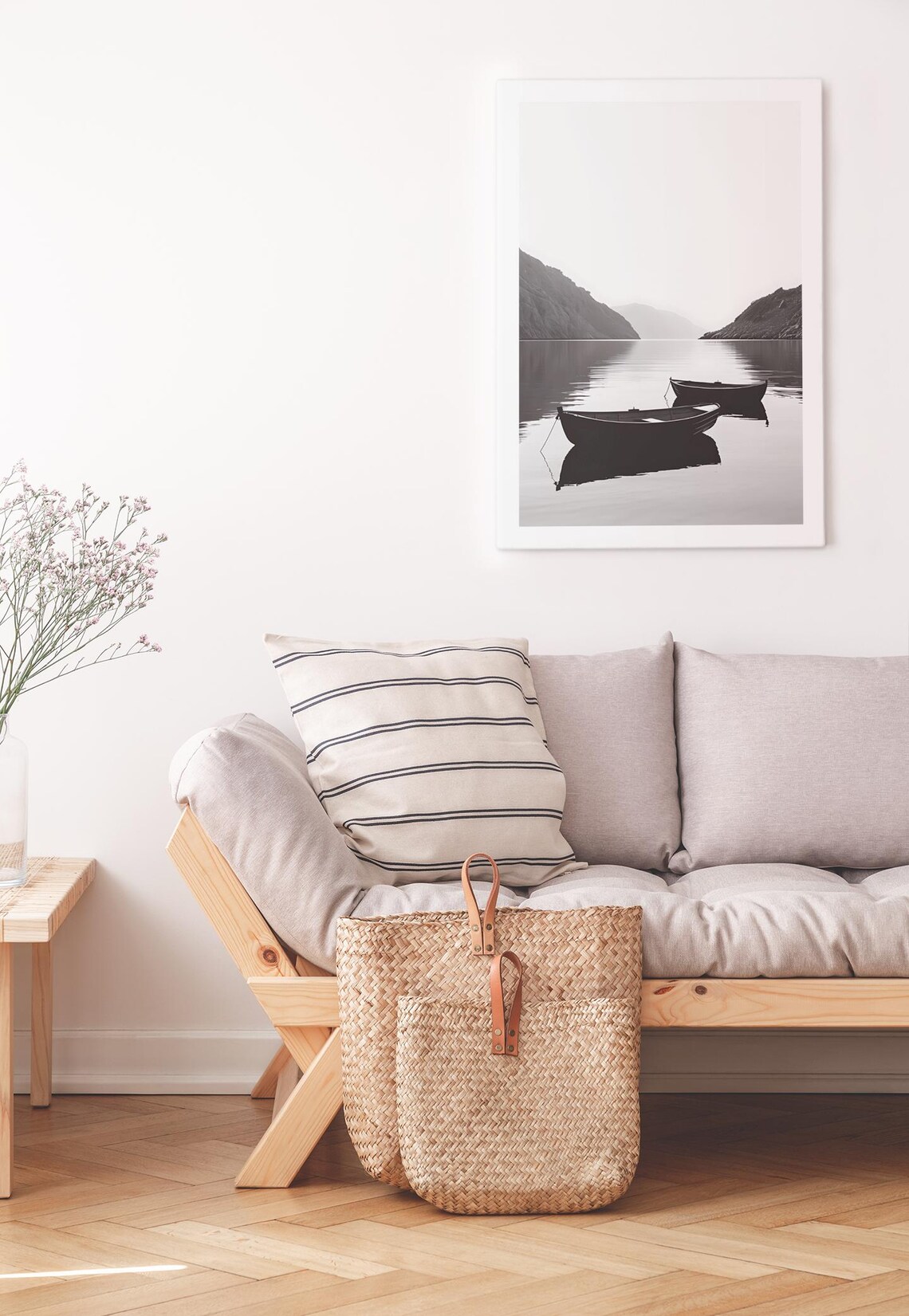 Two Rowboats on Misty Black and White Mountain Lake Art Poster - Image 3